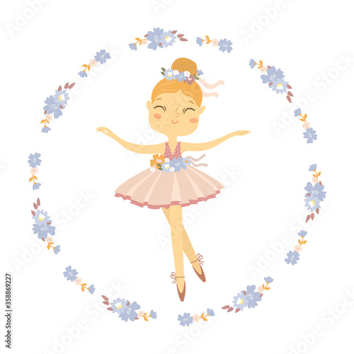 cute little ballerina in a pink dress and flowers, cartoon style