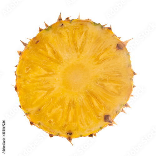 single fresh half of pineapple isolated on white background. top view
