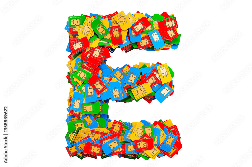 Letter E from colored SIM cards, 3D rendering