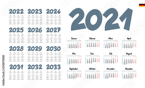 German Calendar for 2021-2033. Week starts on Monday