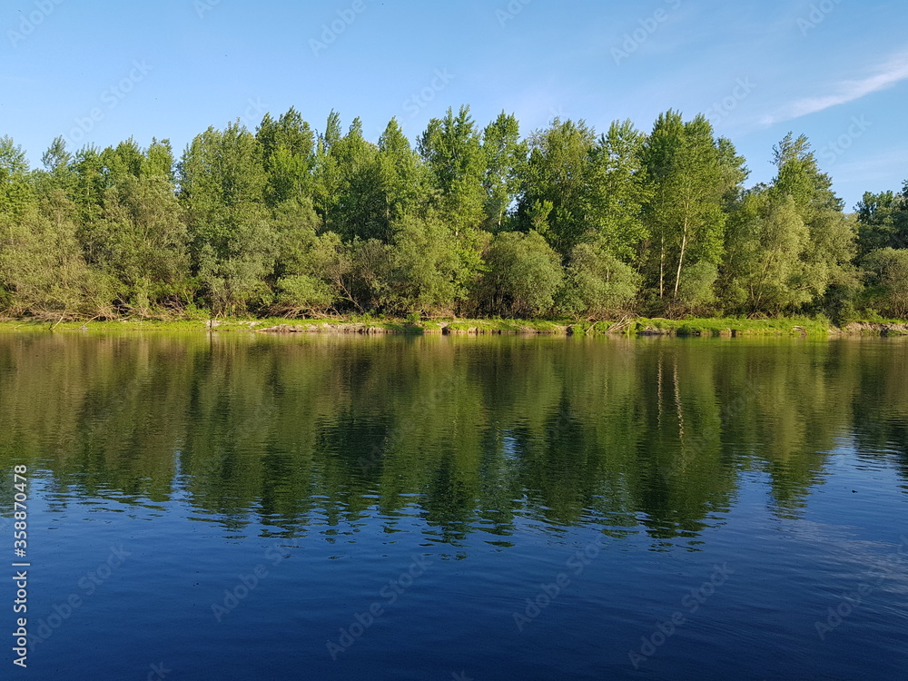 Beautiful scenery of a range of green trees reflecting in the lake