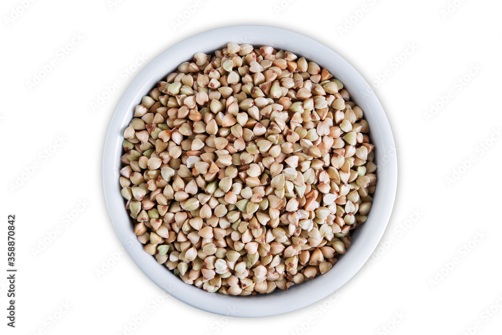 Dried Green Buckwheat porridge on a white isolated background Dried Green Buckwheat porridge on a white isolated background