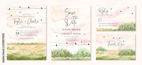 wedding invitation set with green field watercolor landscape