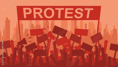 Silhouette crowd of people protesters. Protest, revolution, demonstrators or conflict. Flat vector illustration.