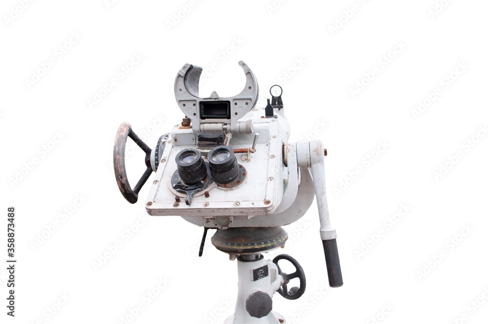 Viewing metal retro binoculars with eyepieces and levers isolated on white Viewing metal retro binoculars with eyepieces and levers isolated on white