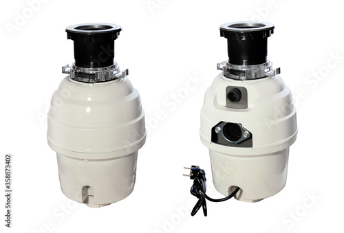 White food waste disposer front and back view isolated on white photo