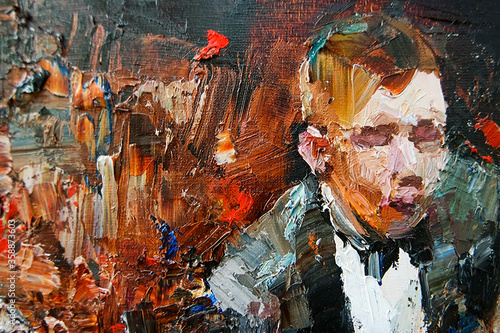 Canvas Print Young guy listens and plays jazz music, the background is brown, fragment of the artwork