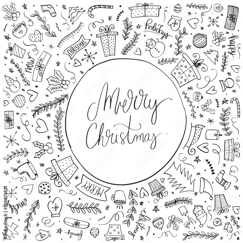 Merry Christmas. Christmas Typography Lettering. Christmas hand drawn Doodle quote lettering.