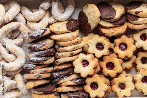 Wallpaper Mural Top full frame view of box of German Christmas cookies baked in the traditional, home-made, grandma style. Horizontal close-up. Torontodigital.ca