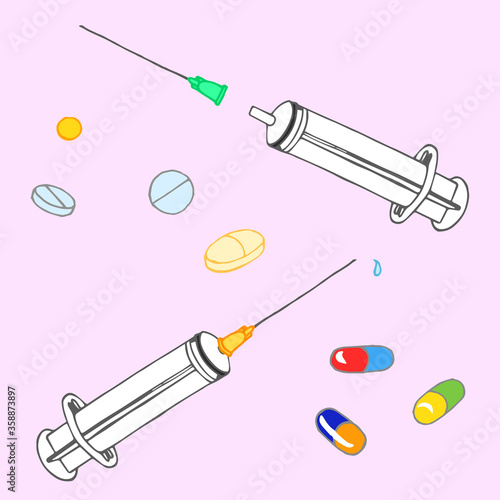 Syringes, pills and capsules on a pink background. Medical vector illustration.