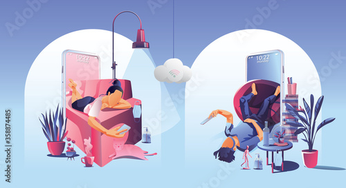 Video conference landing. People on smartphone screen taking with colleagues. Videoconferencing and online meeting workspace vector page man and woman. self-quarantine to prevent from COVID -1 vector