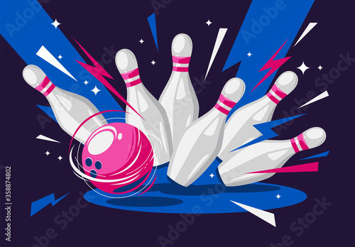 Vector illustration of a bowling ball and pins, a bowling strike, a flying bowling ball photo