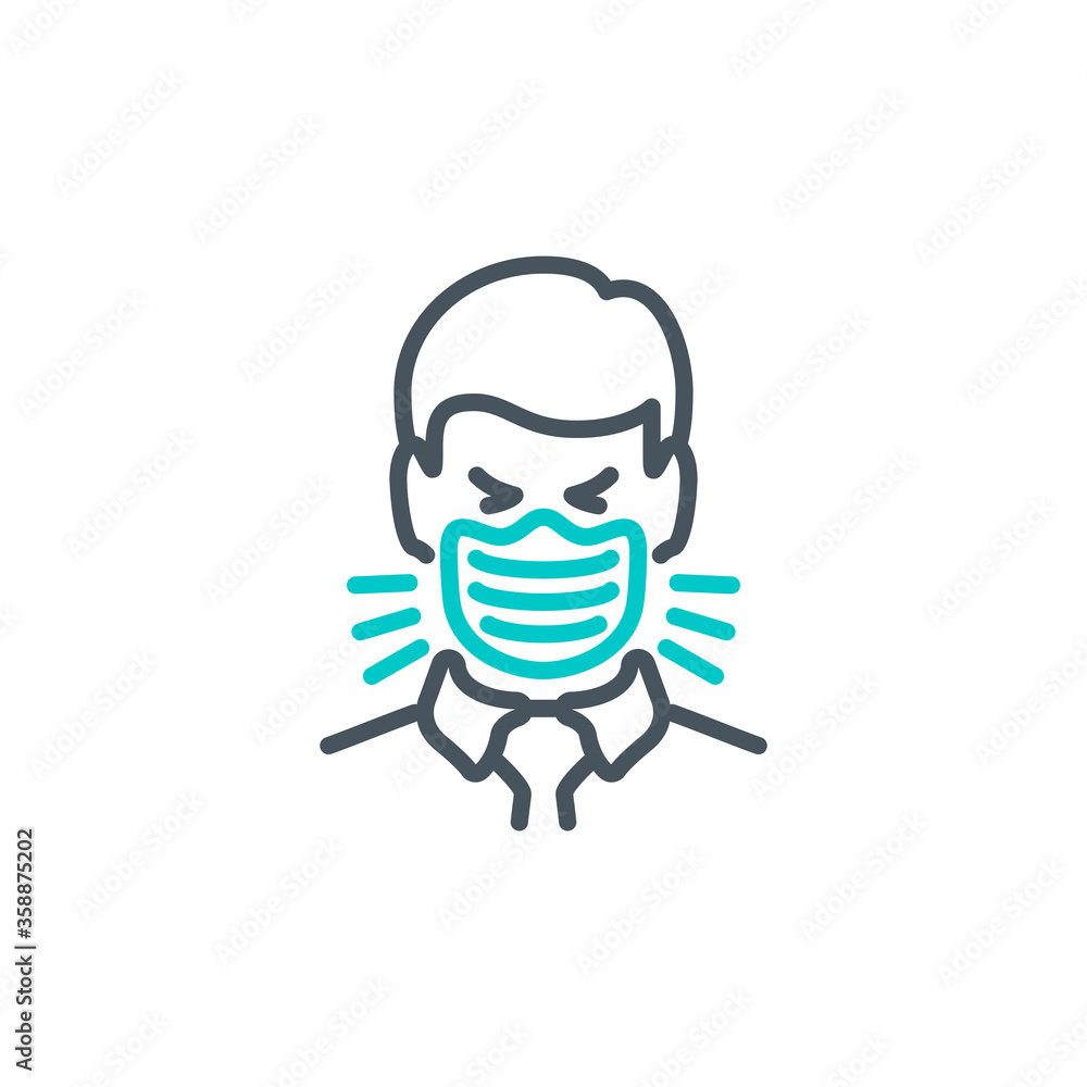 dry cough head man in medical mask single line icon isolated on white. Perfect outline symbol Coronavirus Covid 19 disease prevention pandemic banner. Quality design element with editable Stroke