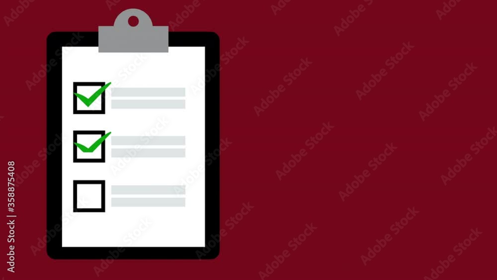 Check list animation on clipboard, red background Check list animation on clipboard, red background