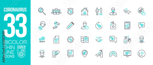 Prevention and symptoms Coronavirus Covid 19 line icons set isolated on white. Perfect outline health medicine symbols pandemic banner. Quality design elements virus treatment with editable Stroke