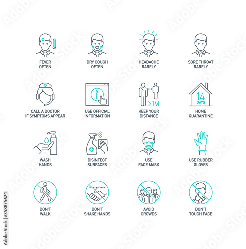 Routes of transmission, Signs and symptoms, Prevention, prohibited actions Coronavirus line icons isolated on white. Perfect outline symbols Covid 19 banner. design elements with editable Stroke line