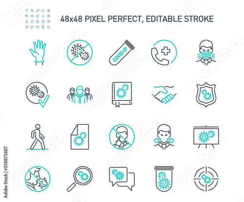 Simple Set of Coronavirus Protection Related Vector Line Icons. Contains such Icons as Protective Measures, Coronavirus Symptoms, Incubation Period and more. Editable Stroke. 48x48 Pixel Perfect.