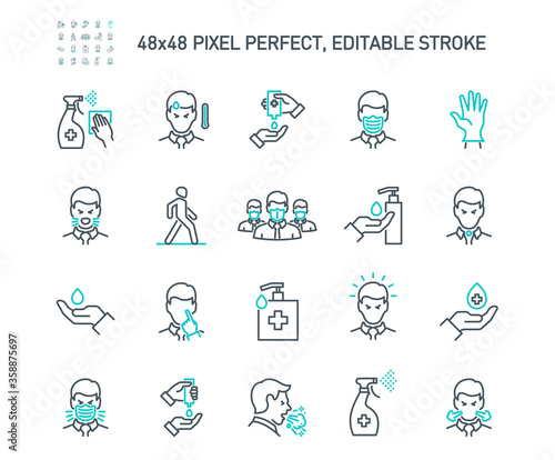 Simple Set of Coronavirus Protection Related Vector Line Icons. Contains such Icons as Protective Measures  Coronavirus Symptoms  Incubation Period and more. Editable Stroke. 48x48 Pixel Perfect.