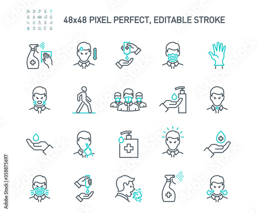 Simple Set of Coronavirus Protection Related Vector Line Icons. Contains such Icons as Protective Measures, Coronavirus Symptoms, Incubation Period and more. Editable Stroke. 48x48 Pixel Perfect.