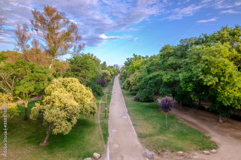 Valencia Turia River gardens Jardin del Turia, leisure and sport area park, Spain panorama.