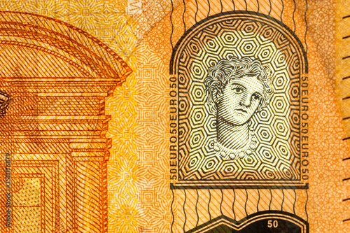 Close-up of the face of Europa on the security features of the new fifty 50 euro banknote.