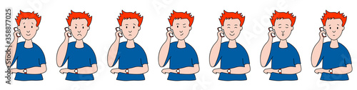 Different emotions. man talking on the phone. Facial expressions. Joy, sadness, anger, conversation, funny, fear, smile. Vector illustration flat design. Cartoon.