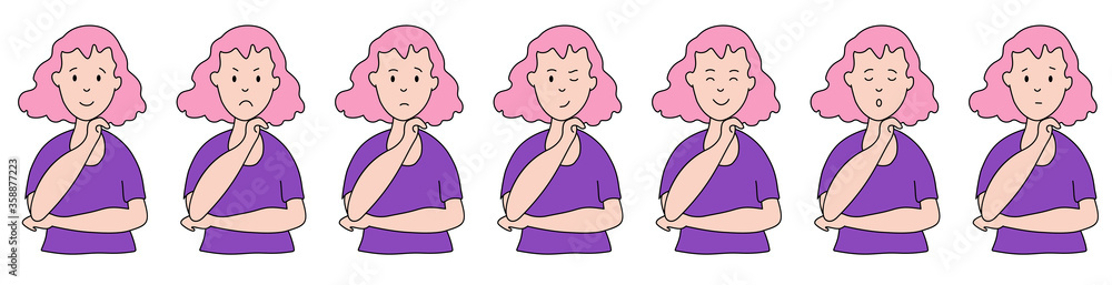 Different emotions. bright Woman and hand gestures. Facial expressions. Joy, sadness, anger, conversation, funny, fear, smile. Vector illustration flat design. Cartoon.