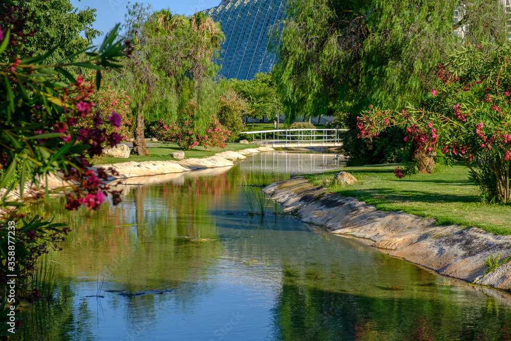Fototapeta premium Valencia Garden in the old dry riverbed of the Turia river, water reflection. Beautiful park landscape leisure and sport area with trees grass