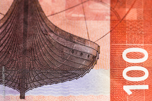 Detail of obverse side of the new NOK 100-krone banknote with the Gokstad ship, Norway's largest preserved Viking ship. photo