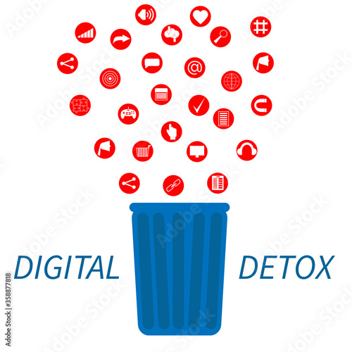 Trendy flat information icons going into a garbage basket. Concept illustration of digital hygiene, input overload and digital detox.