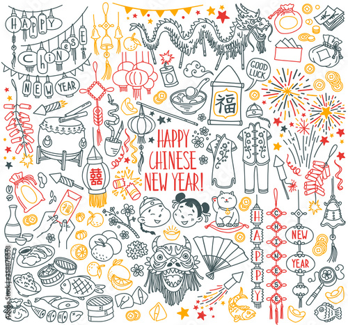 Chinese New Year doodles set. Traditional festive food and symbols. Hand drawn vector illustration isolated on white background.  