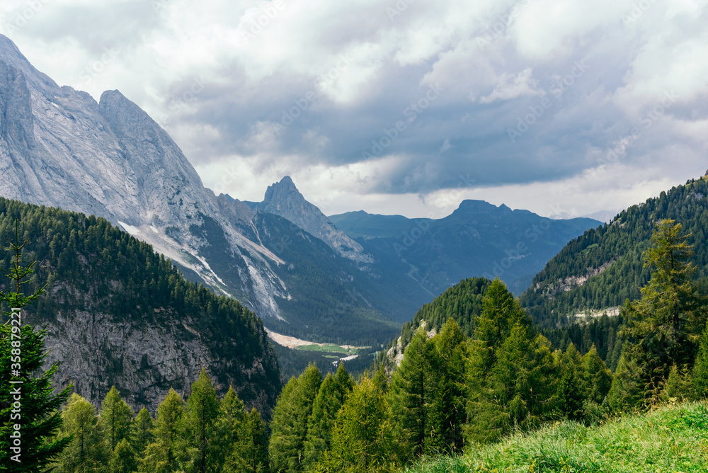 Green forests in Dolomites under cloudy  sky