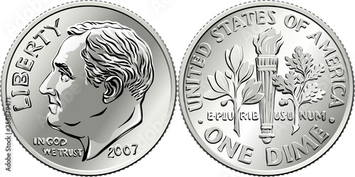 Roosevelt dime, United States one dime or 10-cent silver coin, President Franklin Roosevelt on obverse and olive branch, torch, oak branch on reverse photo