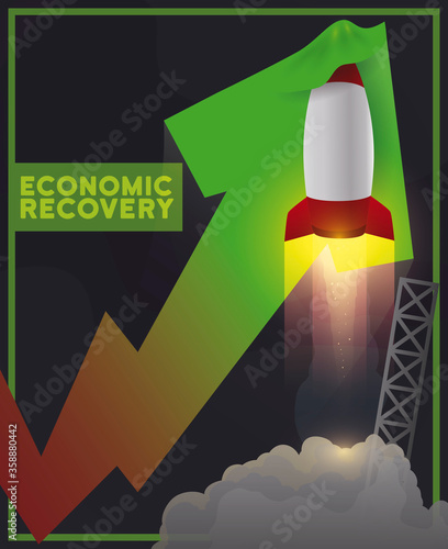 Rocket Launched Pulling Up an Arrow for Economic Recovery, Vector Illustration