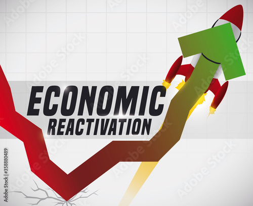Rocket Guiding and Pulling Up an Arrow Promoting Economic Reactivation, Vector Illustration