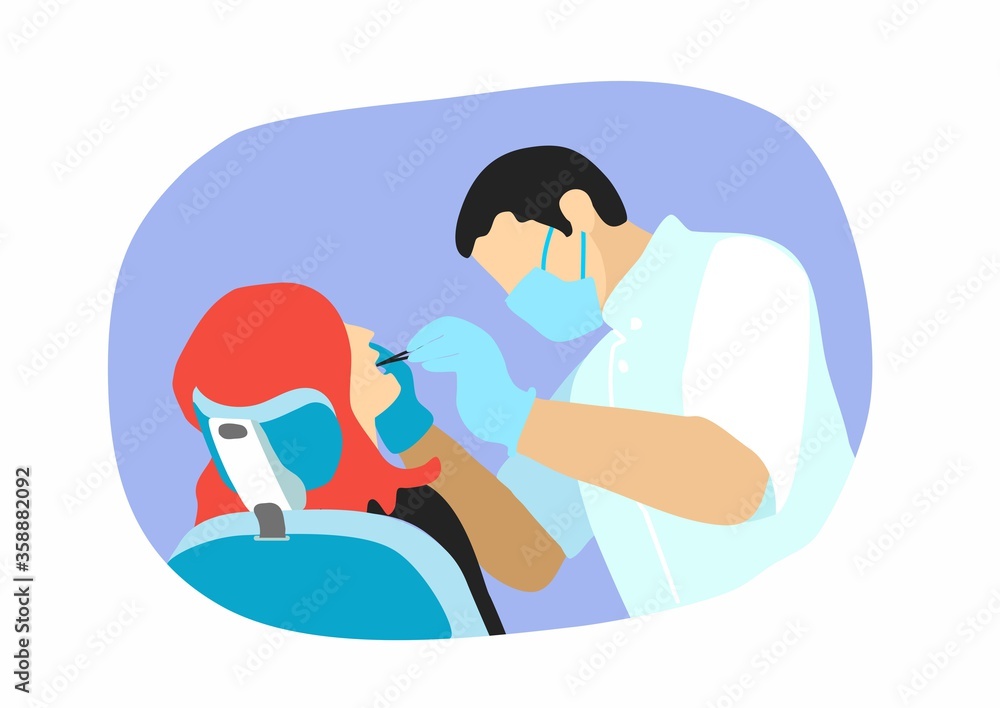 Dentist man treats a woman, vector illustration. Dental clinic and people. Visit to the dentist. Stomatology theme. Dentist chair. A woman came to treat a tooth. The masked man.