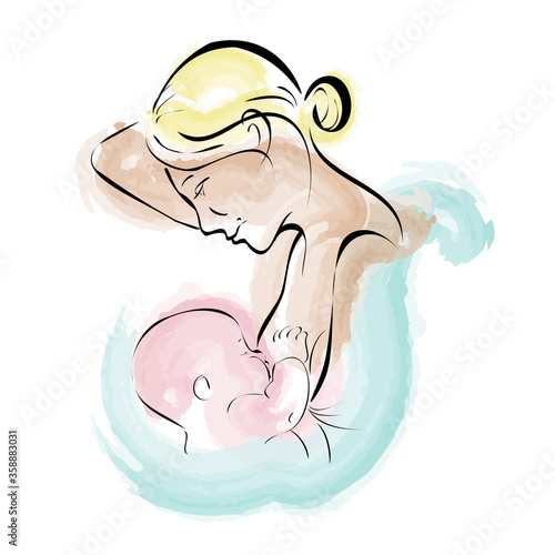A woman breastfeeds a child. watercolor lineart. Young mother with baby. vector ilustracation. Mother's Day. the benefit of breast milk.