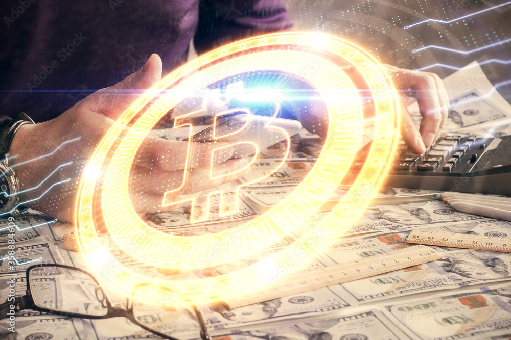 Double exposure of man's hands holding and using a phone and crypto currency blockchain theme drawing. Double exposure of man's hands holding and using a phone and crypto currency blockchain theme drawing.