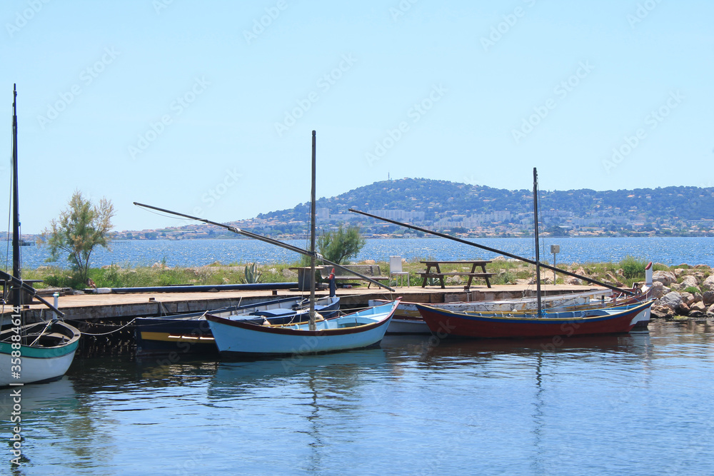 Traditional wooden boats at Bouzigues, a beautiful fishing village in the Bassin de Thau, Herault, France
