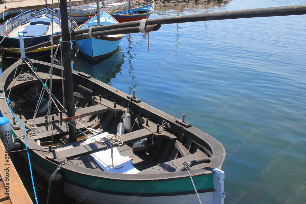 Traditional wooden boats at Bouzigues, a beautiful fishing village in the Bassin de Thau, Herault, France
