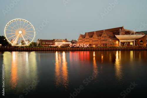 Gdansk at sunset. View of the river and concert hall