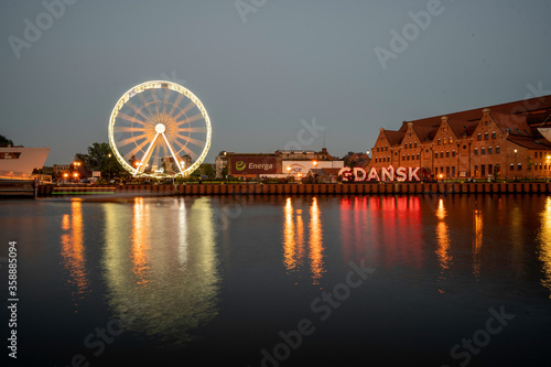 Gdansk at sunset. View of the river and concert hall