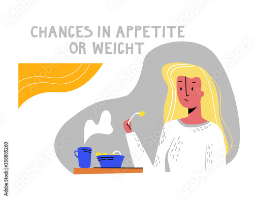 Vector flat isolated young woman eating. She looks at food with distaste. Concept eating disorders, anorexia, bulimia. It can be used in any printing products, web design of medical orientation.