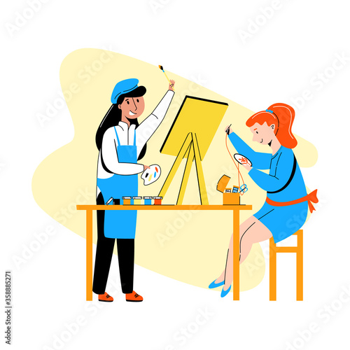 Vector flat illustration group of children, girls who are engaged in creative work, draw, embroider. Concept children s Amateur activities, teaching children creativity and development.