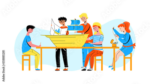 Vector flat group of children who are engaged in creativity, write essay, build, assemble ship layout, embroider. Concept children s Amateur activities, teaching children creativity, development.