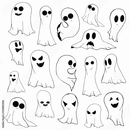 Halloween set on a white background. Funny cartoon ghosts in different poses.  Doodle style. Black and white illustration. Hand drawing.