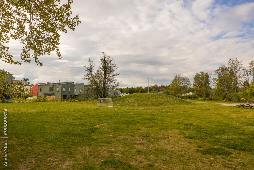 Beautiful landscape view of football goal on green grass lawn. Modern village houses and tall green trees on cloudy sky background. Sweden. Europe.