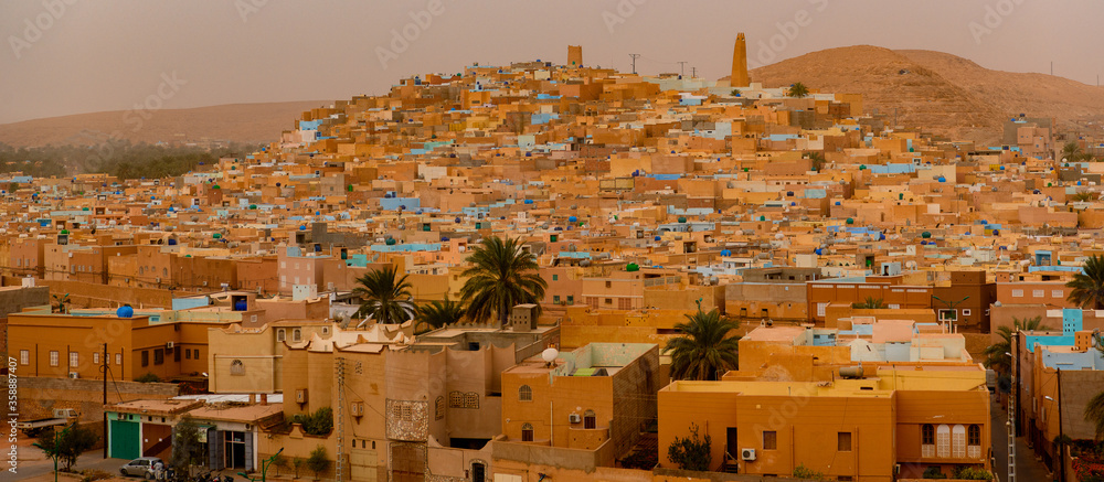 Panoramic view of Ghardaia (Tagherdayt), Algeria, located along Wadi Mzab, UNESCO world heriatage site