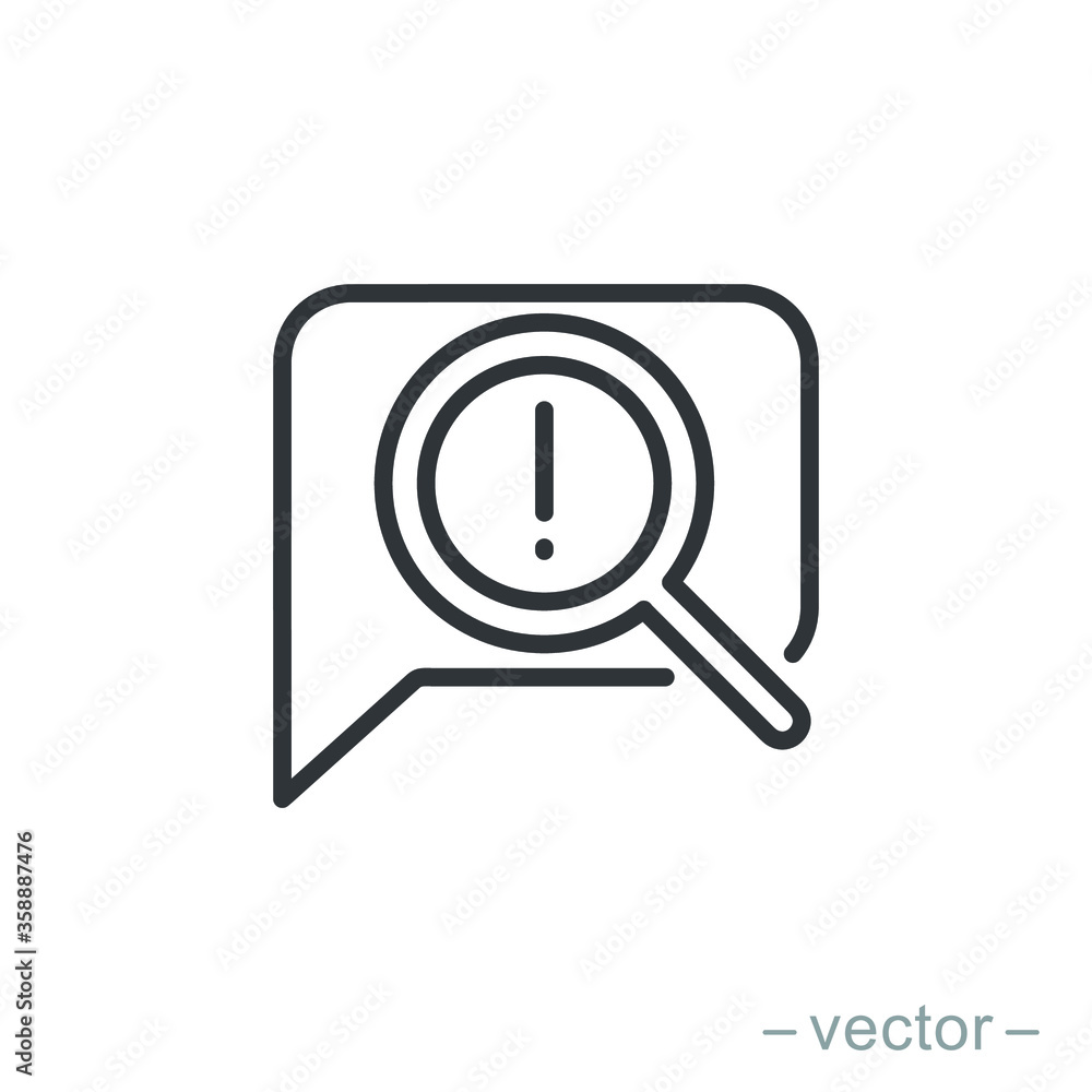 Censored content identifying vector icon, thin line exclamation sign and magnifier glass, concept of chat message alert. Censored content identifying vector icon, thin line exclamation sign and magnifier glass, concept of chat message alert.