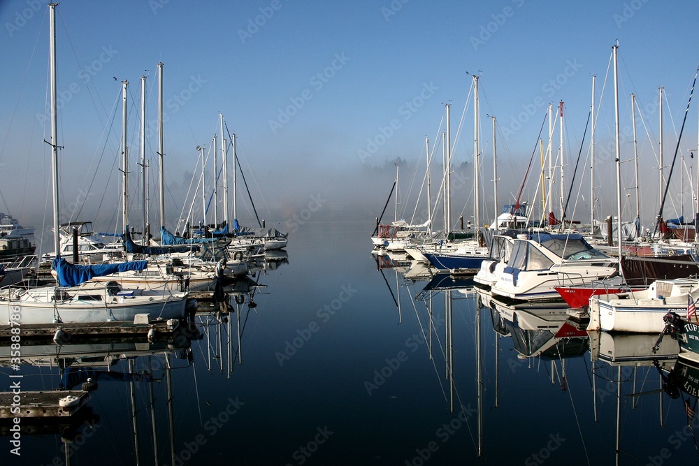 Docks on Puget Sound on a calm, foggy day
